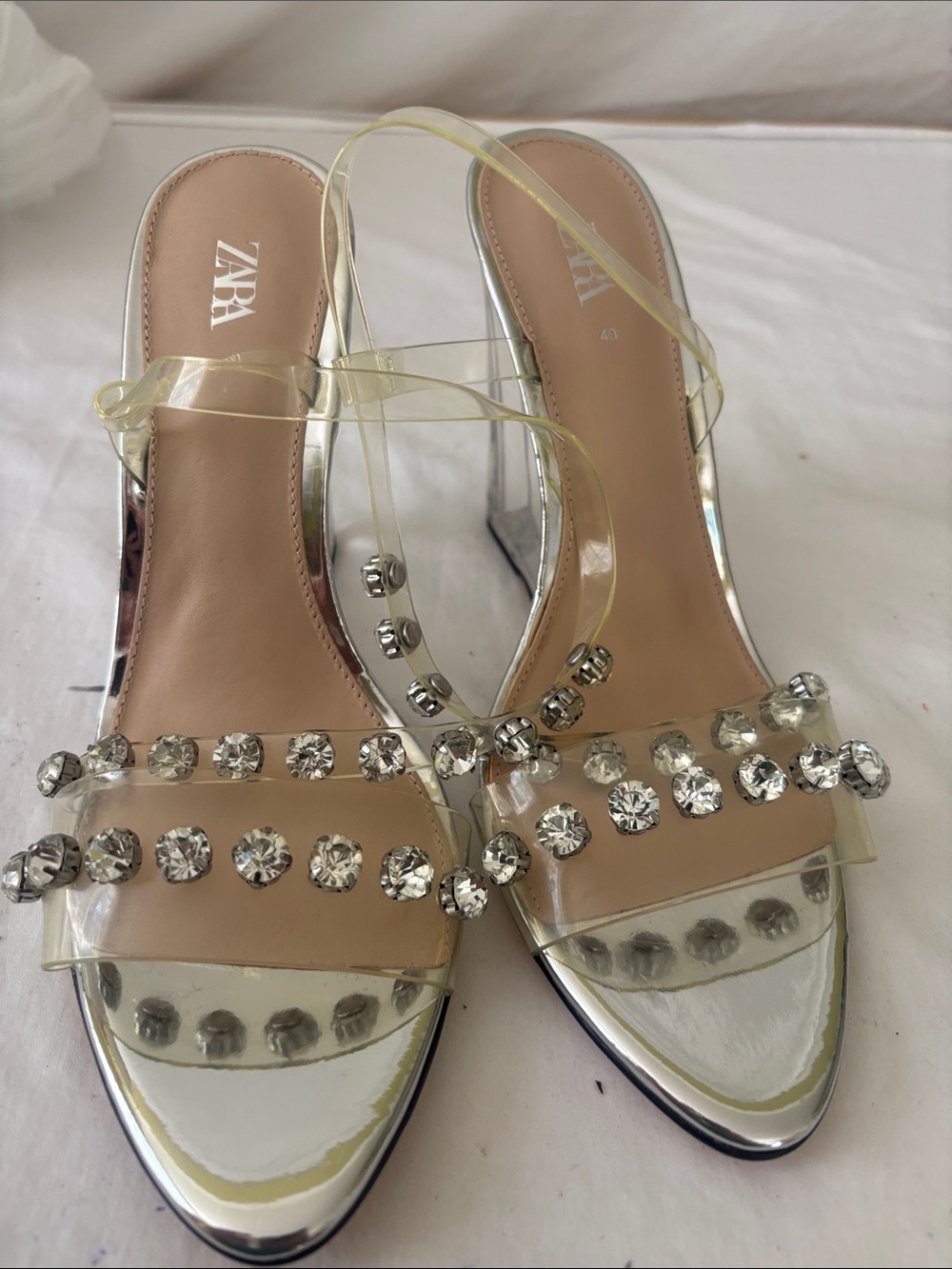 Zara Clear Gem-Embellished Heeled Sandals with Silver Accents